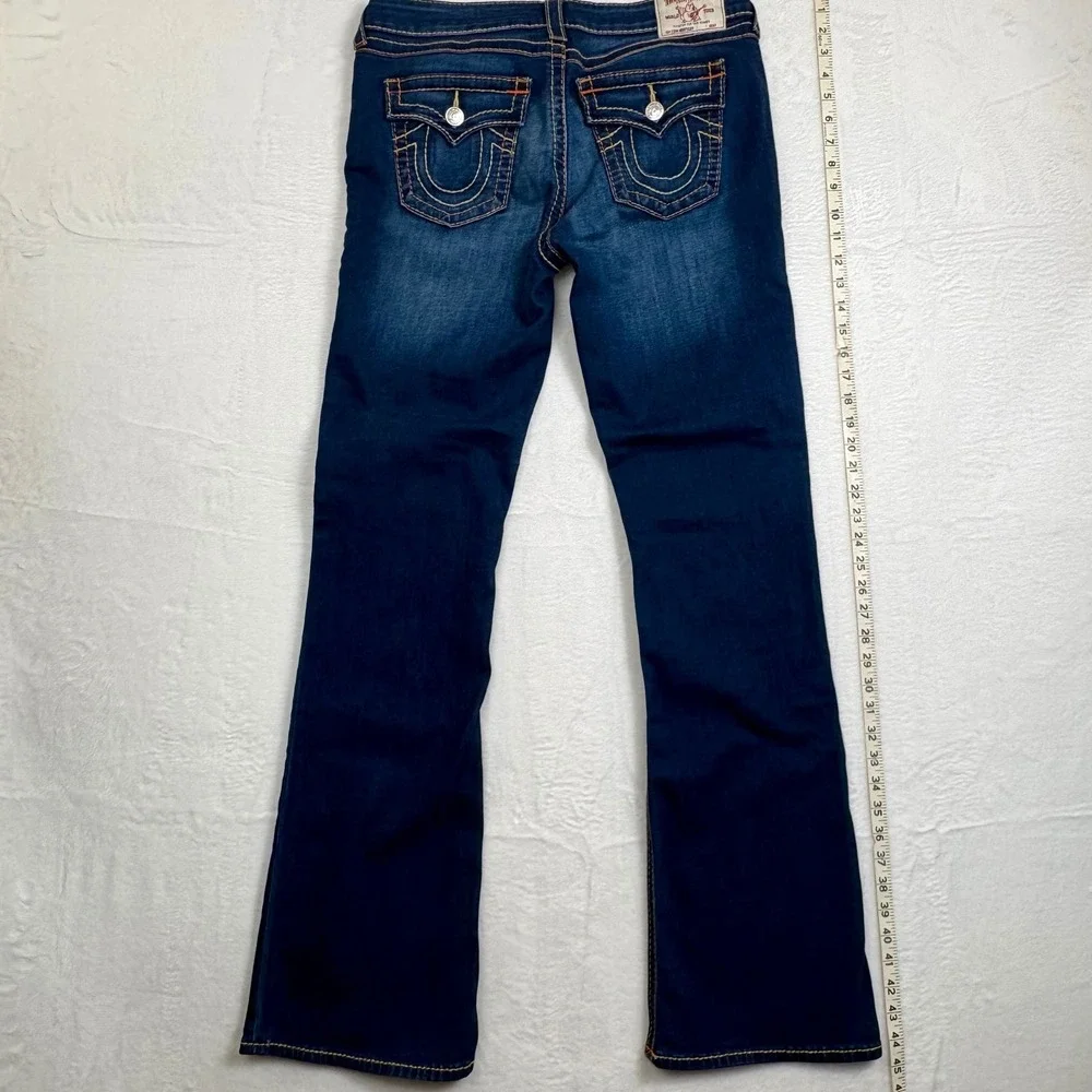True Religion Mens Bootcut Jeans Dark Wash Orange Stitching Size 33 World Tour